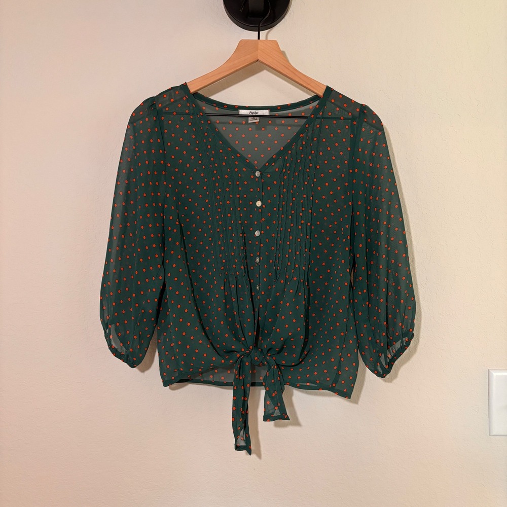 Papaya Blouse Tie Front Size M‎ Sheer Chiffon Green Polka Dot Retro